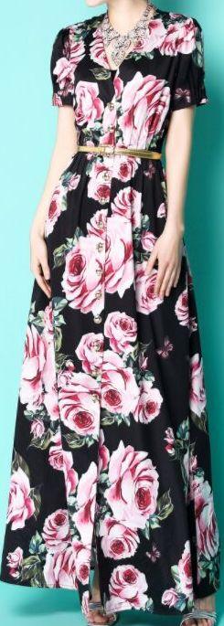 Rose-Print V-Neck Maxi Dress