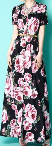Rose-Print V-Neck Maxi Dress