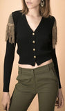 Fringed-Shoulder Cardigan Sweater