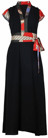 Midi Dress with Contrast Trim and Sash Belt - Black or Green