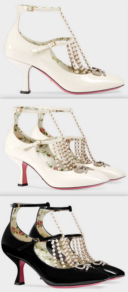 T-strap Leather Pump with Pearls - White or Black