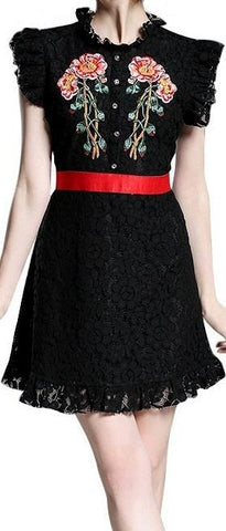 Embroidered Black Ruffle Lace Mini Dress