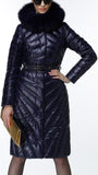 Paneled Puffer Coat with Removable Fur, Blue
