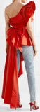 Paso Doble One-Shoulder Ruffled Poplin Top - Red or White