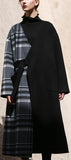 Plaid-Contrast Wool Coat