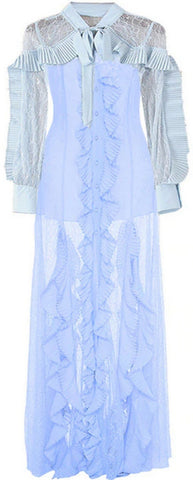 Ruffled Lace Paneled Midi Dress, Light Blue