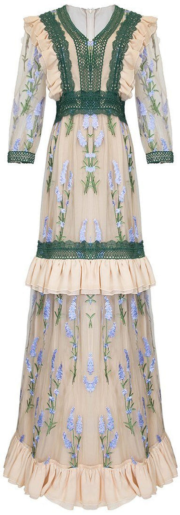 Floral-Embroidered Macrame Lace Trim Gown | DESIGNER INSPIRED FASHIONS