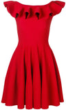 Off-Shoulder Ruffle Flared Knit Dress, Red