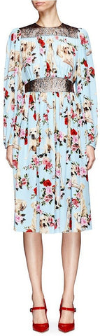 Dog & Rose Print Crepe De Chine Dress