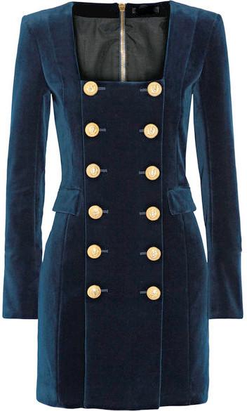 Double-Breasted Velvet Mini Dress in Blue - DESIGNER INSPIRED FASHIONS