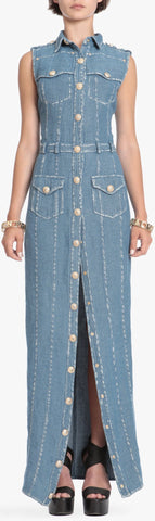 Long Denim Dress with Gold-Tone Accents