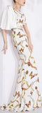 Butterfly Print Draped-Sleeve Gown