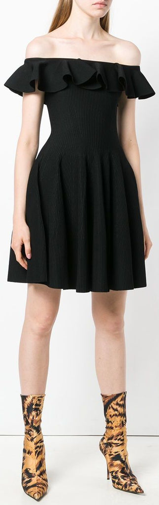 Off-Shoulder Ruffle Flared Knit Dress, Black