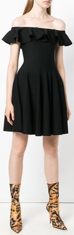 Off-Shoulder Ruffle Flared Knit Dress, Black