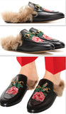 Princetown Leather Fur lined Embroidered Rose Slipper in Black - DESIGNER INSPIRED FASHIONS
