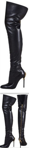 Zipper-Heel Over-the-Knee Leather Boot