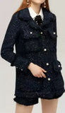 Frayed Tweed Jacket with Faux-Pearl Embellishments, Blue