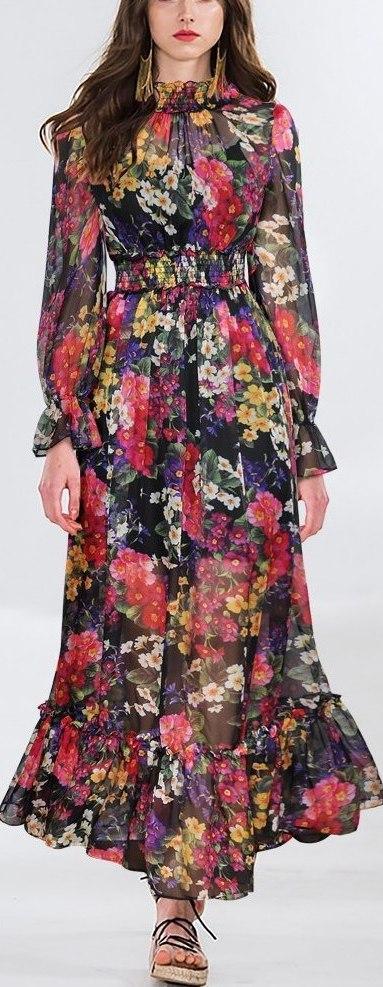 Smocked Floral Print Maxi Dress