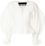 Button-Front Balloon-Sleeve Blouse