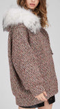 Fur-Hooded Multi Colored Short Wool Coat