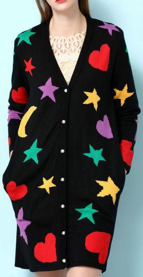 Multi Colored Shape Printed Long Cardigan Sweater in Black - DESIGNER INSPIRED FASHIONS