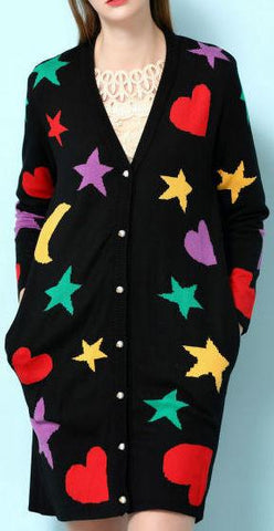 Multi Colored Shape Printed Long Cardigan Sweater in Black - DESIGNER INSPIRED FASHIONS