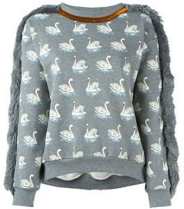 Swan Printed Fringed Sweater in Grey or Black - DESIGNER INSPIRED FASHIONS