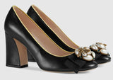 Leather Mid-Heel Pumps with Bee