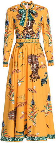 Safari Printed Dress with Neck-Tie