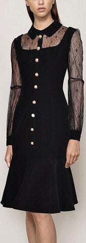 Black Lace-Paneled Buttoned Dress