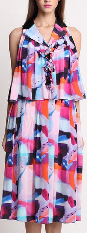 Chiffon & Silk-Blend Multi Colored Ruffled Sleeveless Midi Dress