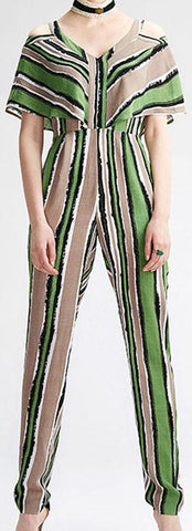 Butterfly-Sleeve Striped Color-Contrast Open-Shoulder Jumpsuit - DESIGNER INSPIRED FASHIONS