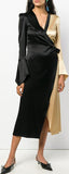 Color-Contrast Satin Wrap Dress