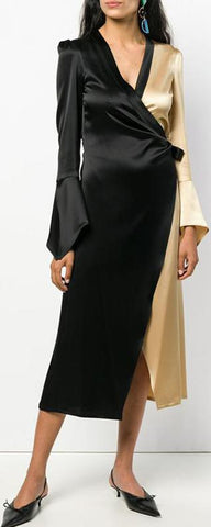 Color-Contrast Satin Wrap Dress