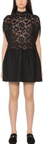 Black Boxy Scalloped Lace-Top Mini Dress