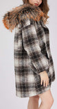 Fur-Trim Plaid Wool Coat, Natural