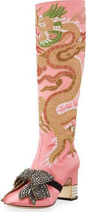 Dragon Satin Mid-Heel Knee Boot, Pink