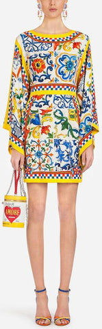 Printed Knee-Length Wide-Sleeve Tunic Dress