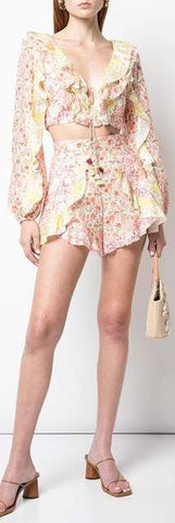 Goldie Floral Printed Top and Spliced High-Waisted Short Set | DESIGNER INSPIRED FASHIONS