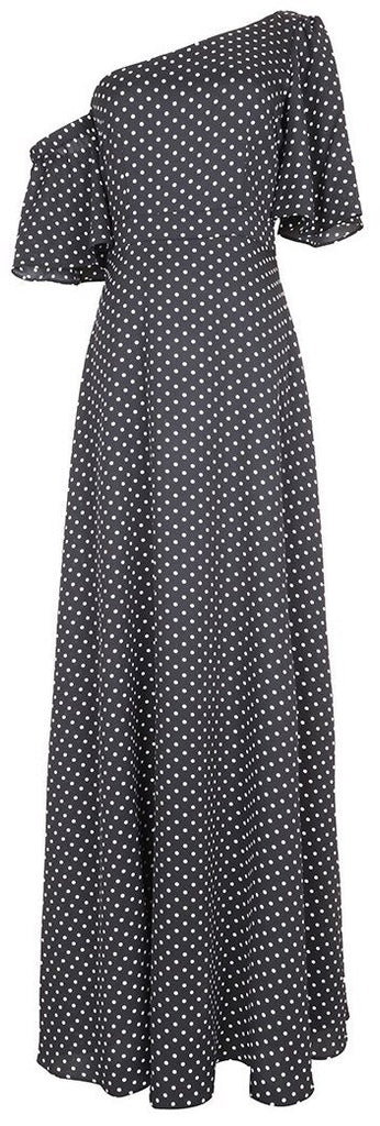 Polka Dot Printed Asymmetrical-Sleeve Maxi Dress