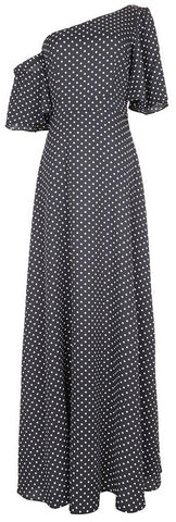 Polka Dot Printed Asymmetrical-Sleeve Maxi Dress