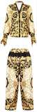 Gold Hibiscus Print Silk Twill Blouse and Cropped Trouser Set | DESIGNER INSPIRED FASHIONS