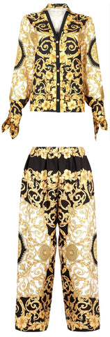 Gold Hibiscus Print Silk Twill Blouse and Cropped Trouser Set | DESIGNER INSPIRED FASHIONS