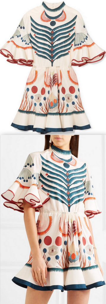 Flutter-Sleeve Printed Mini Dress