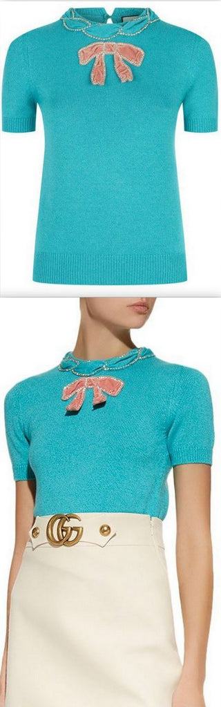 Embellished Ribbon Knit Short-Sleeve Sweater