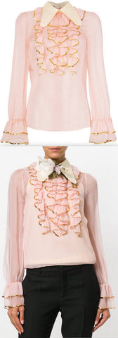 Sheer Sequin-Trim Ruffle Blouse