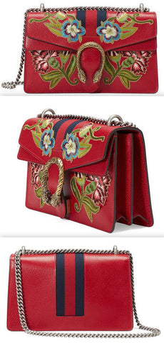 Dionysus Embroidered Leather Shoulder Bag, Red