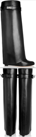 'Shark Lock' Wedge Knee Leather Boots in Black - DESIGNER INSPIRED FASHIONS