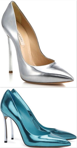 Metallic Leather Blade-Heel Pumps in Silver or Teal - DESIGNER INSPIRED FASHIONS