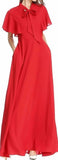 Flutter-Sleeve Long Gown with Tie-Neck Collar, Red